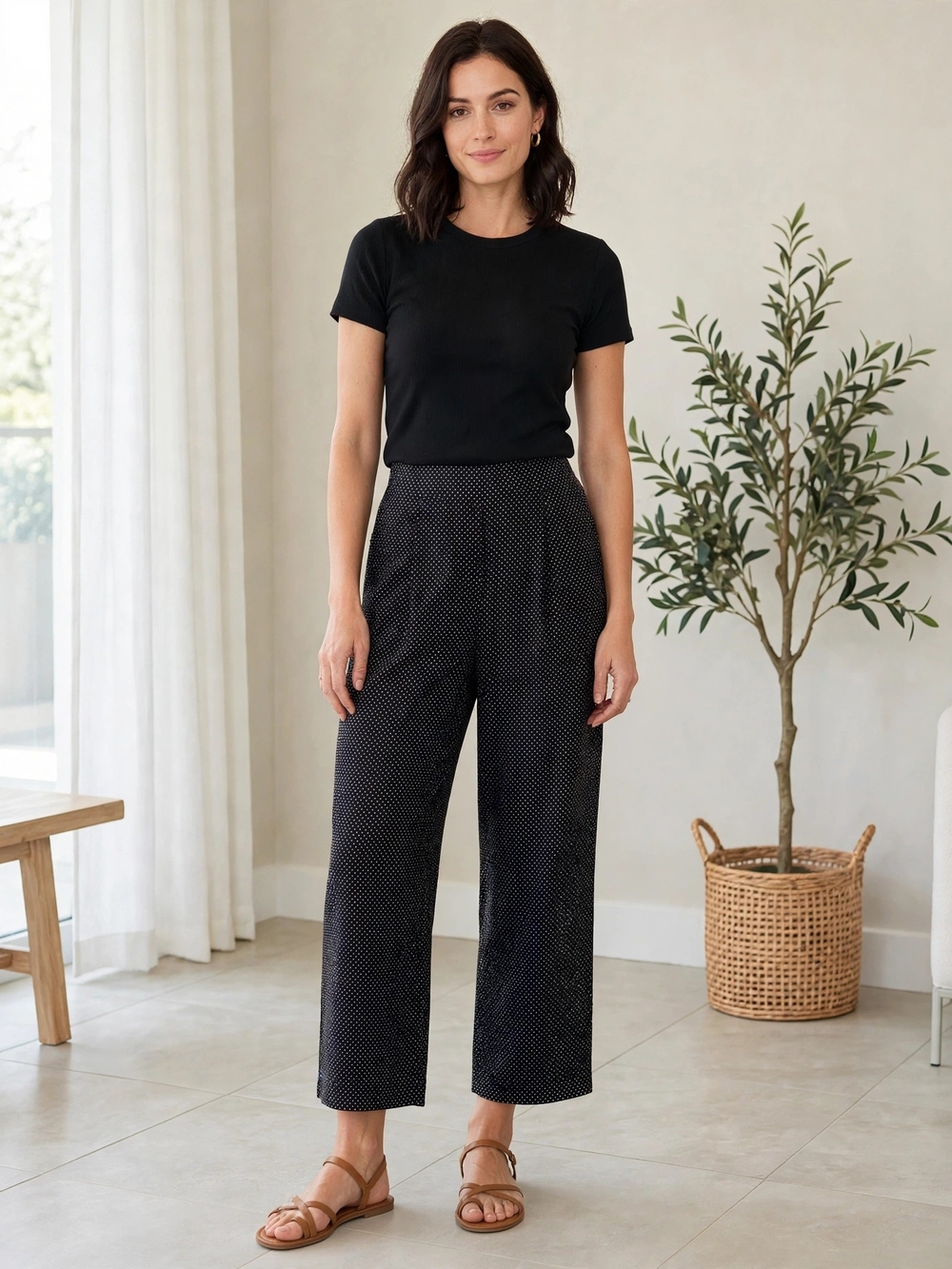 Adrianna Papell Black Wide-Leg Polka Dot Cropped Pants